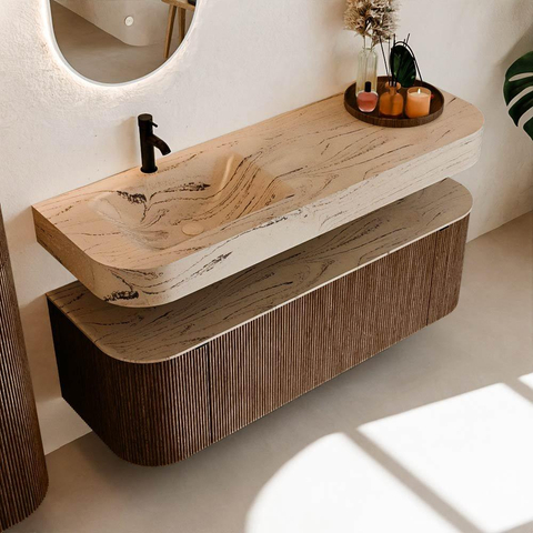 MONDIAZ THOR-DLUX 140cm meuble de salle de bains arrondi gauche + droite couleur Walnut avec 1 tiroir et 2 portes. Vasque suspendue CLOUD gauche 1 trou de robinet couleur Arena. SW1464401