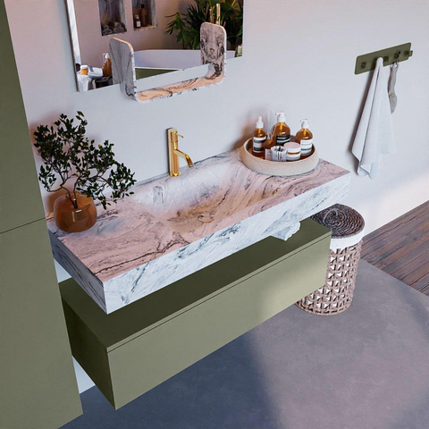 Mondiaz ALAN-DLUX Ensemble de meuble - 110cm - meuble Army mat - 1 tiroir - Lavabo Cloud Glace suspendu - vasque Centre - 1 trou de robinet SW806155