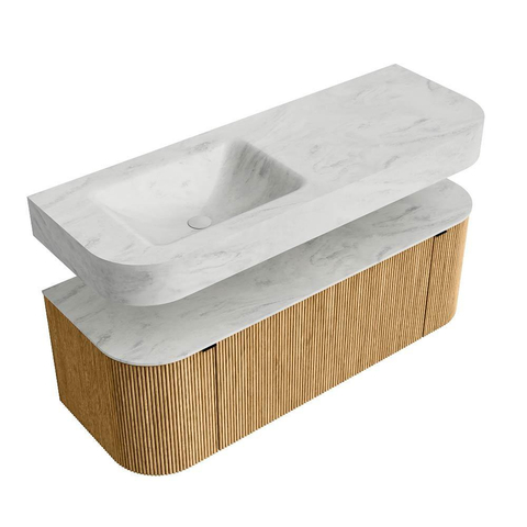 MONDIAZ THOR-DLUX 130cm badmeubel ronding links + rechts kleur Oak met 1 lade en 2 deuren. Vrijhangende wastafel CLOUD Links 1 kraangat kleur Opalo. SW1463535
