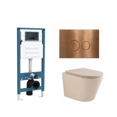 QeramiQ Dely Toiletset - inbouwreservoir Qeramiq Flush - slim zitting - metaal koperen bedieningsplaat - ronde knoppen - beige SW1578566