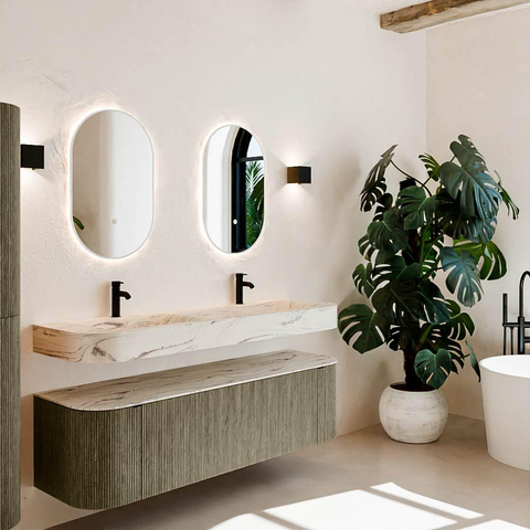 MONDIAZ THOR-DLUX 160cm meuble de salle de bains arrondi gauche + droite couleur Shadow avec 1 tiroir et 2 portes. Vasque suspendue CLOUD Double 2 trous de robinet couleur Nata. SW1465293