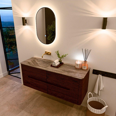 Mondiaz CIRO-DLUX Ensemble de meubles de salle de bains - 130x45x50cm - vasque en solid surface Oza - 1 vasque à gauche - sans trous de robinetterie - 4 tiroirs - Ruby SW1532095