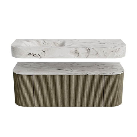 MONDIAZ THOR-DLUX 130cm badmeubel ronding links + rechts kleur Shadow met 1 lade en 2 deuren. Vrijhangende wastafel CLOUD Links zonder kraangat kleur Glace. SW1463729
