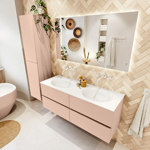 MONDIAZ VICA Ensemble meuble de salle de bains - 130cm - meuble bas rosee - 4 tiroirs - plan-vasque moon double - sans trous de robinet - version haute 60cm - talc SW1080397