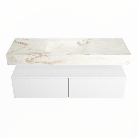 Mondiaz ALAN-DLUX Ensemble de meuble - 130cm - meuble Talc mat - 2 tiroirs - Lavabo Cloud Frappe suspendu - vasque Centre - 0 trous de robinet SW804791