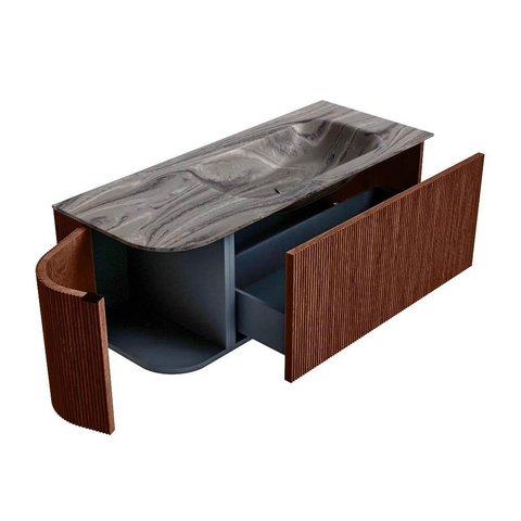 MONDIAZ KURVE-DLUX 115cm badmeubel ronding Links kleur Ruby met 1 lade en 1 deur. Wastafel BIG SMALL Rechts zonder kraangat Sombra. SW1433943