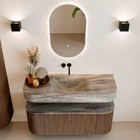 MONDIAZ THOR-DLUX 120cm meuble de salle de bains arrondi gauche + droite couleur Walnut avec 1 tiroir et 2 portes. Vasque suspendue CLOUD Milieu sans trou de robinet couleur Oza. SW1463402