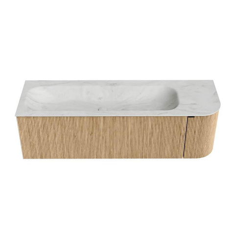 MONDIAZ KURVE-DLUX meuble de salle de bains 145 cm avec module 25 R couleur Oak avec 1 tiroir et 1 porte. Lavabo BIG LARGE gauche 1 trou de robinet couleur Opalo. SW1137582