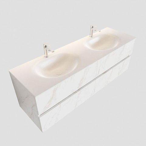 MONDIAZ VICA Ensemble de meuble salle de bain - 150cm - 4 tiroirs - lavabo Moon double - 2 trous de robinet - solid surface marbre carrara SW410362