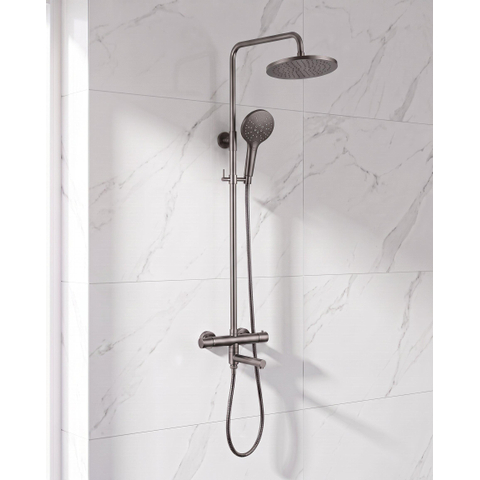 Fortifura Calvi Regendoucheset - thermostatisch - 25cm hoofddouche - metalen slang - ronde handdouche - draaibare baduitloop - Geborsteld Gunmetal PVD SW1592508