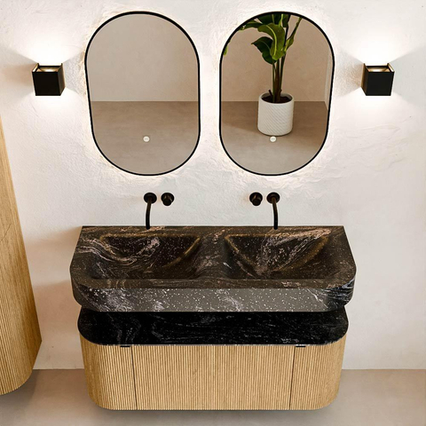 MONDIAZ THOR-DLUX 120cm badmeubel ronding links + rechts kleur Oak met 1 lade en 2 deuren. Vrijhangende wastafel CLOUD Dubbel zonder kraangat kleur Lava. SW1463140