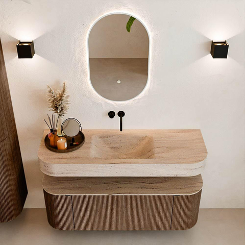 MONDIAZ THOR-DLUX 130cm badmeubel ronding links + rechts kleur Walnut met 1 lade en 2 deuren. Vrijhangende wastafel CLOUD Midden zonder kraangat kleur Saba. SW1464019