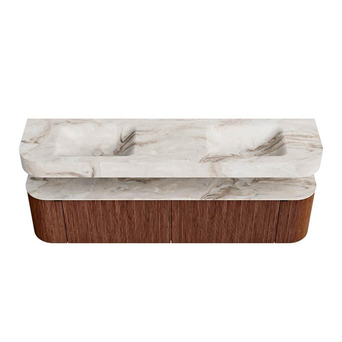 MONDIAZ THOR-DLUX Meuble de salle de bains 190cm arrondi gauche + droite couleur Ruby avec 2 tiroirs et 2 portes. Vasque suspendue CLOUD Double sans trou de robinet couleur Frappe. SW1466487