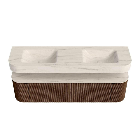 MONDIAZ THOR-DLUX Meuble de salle de bains 170cm arrondi gauche + droite couleur Walnut avec 1 tiroir et 2 portes. Vasque suspendue CLOUD Double sans trou de robinet couleur Meli. SW1465751