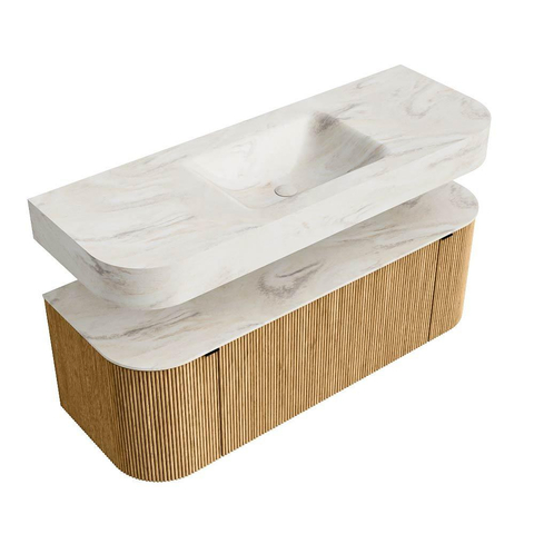 MONDIAZ THOR-DLUX 130cm badmeubel ronding links + rechts kleur Oak met 1 lade en 2 deuren. Vrijhangende wastafel CLOUD Midden 1 kraangat kleur Ostra. SW1463541