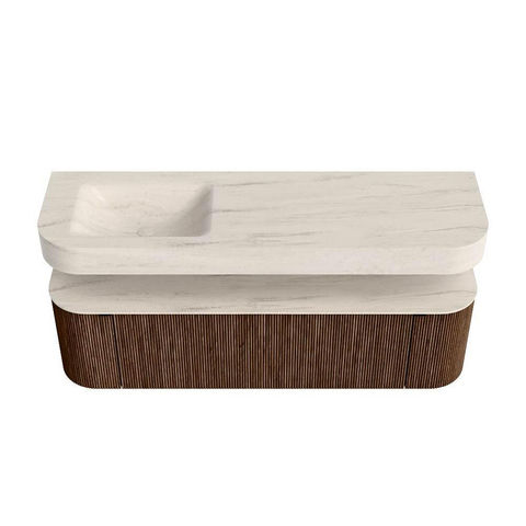 MONDIAZ THOR-DLUX 160cm meuble de salle de bains arrondi gauche + droite couleur Walnut avec 1 tiroir et 2 portes. Vasque suspendue CLOUD Gauche 1 trou de robinet couleur Meli. SW1465142