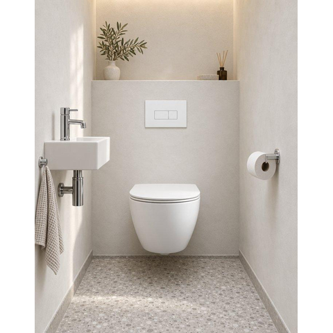 QeramiQ Dely Swirl Compact Toiletset - inbouwreservoir QeramiQ flush - slim zitting - metalen bedieningsplaat mat wit - rechthoekige knoppen - mat wit SW1590655