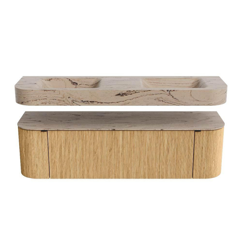 MONDIAZ THOR-DLUX 160cm meuble de salle de bains arrondi gauche + droite couleur Oak avec 1 tiroir et 2 portes. Vasque suspendue CLOUD Double 2 trous de robinet couleur Arena. SW1465124