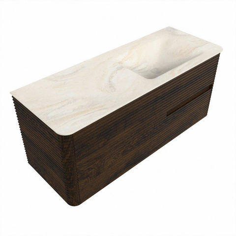 Mondiaz CIRO-DLUX Badkamermeubelset - 120x45x50cm - Solid surface wastafel Ostra - 1 wasbak Rechts - 1 kraangat - 2 lades - Walnut SW1530381
