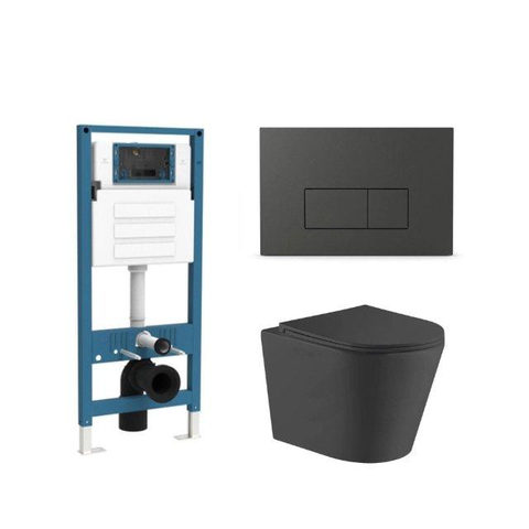 QeramiQ Dely Toiletset - inbouwreservoir Qeramiq Flush - slim zitting - kunststof mat antraciete bedieningsplaat - rechthoekige knoppen - mat zwart SW1578536