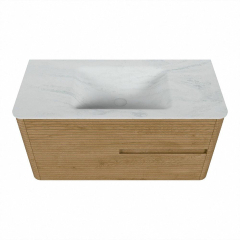 Mondiaz CIRO-DLUX Ensemble meuble de salle de bains - 100x45x50cm - plan vasque Solid surface Opalo - 1 bassin central - 1 trou de robinet - 2 tiroirs - Chêne SW1531031
