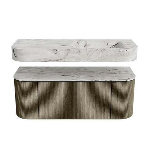 MONDIAZ THOR-DLUX 120cm badmeubel ronding links + rechts kleur Shadow met 1 lade en 2 deuren. Vrijhangende wastafel CLOUD Rechts 1 kraangat kleur Glace. SW1463131