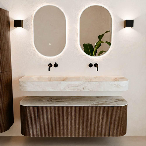 MONDIAZ THOR-DLUX 140cm meuble de salle de bains arrondi gauche + droite couleur Walnut avec 1 tiroir et 2 portes. Vasque suspendue CLOUD Double sans trou de robinet couleur Frappe. SW1419632