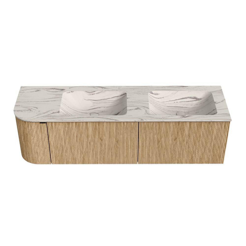 MONDIAZ KURVE-DLUX 155cm badmeubel ronding Links kleur Oak met 2 lades en 1 deur. Wastafel LEAF Dubbel / Rechts zonder kraangat Nata. SW1432115