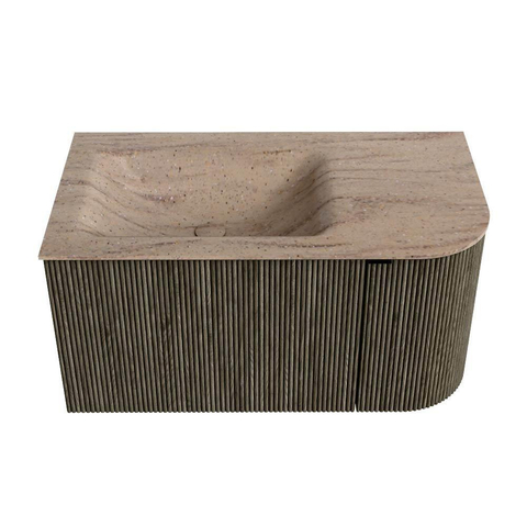 MONDIAZ KURVE-DLUX Meuble de salle de bains 85cm arrondi à droite couleur Shadow avec 1 tiroir et 1 porte. Lavabo CLOUD à gauche 1 trou de robinet Saba. SW1433407