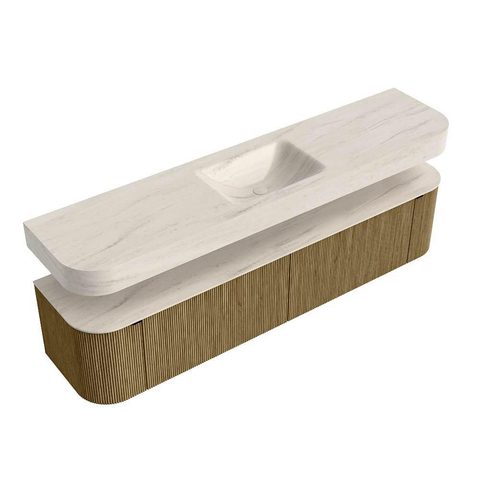 MONDIAZ THOR-DLUX 200cm badmeubel ronding links + rechts kleur Dusk met 2 lades en 2 deuren. Vrijhangende wastafel CLOUD Midden zonder kraangat kleur Meli. SW1467131