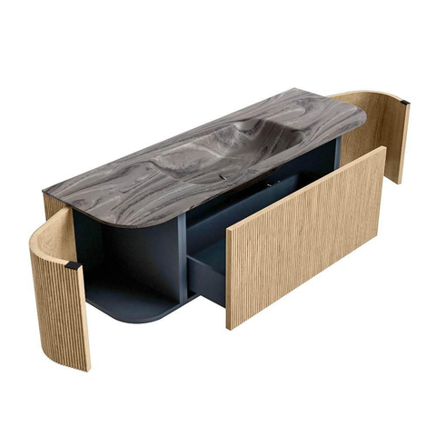 MONDIAZ KURVE-DLUX 140cm badmeubel ronding Links + Rechts kleur Oak met 1 lade en 2 deuren. Wastafel BIG SMALL Midden 1 kraangat Sombra. SW1433564