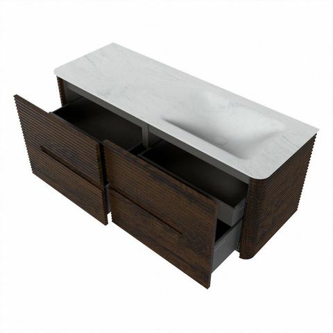 Mondiaz CIRO-DLUX Ensemble de meubles de salle de bains - 130x45x50cm - lavabo en solid surface Opalo - 1 vasque à droite - 1 trou de robinet - 4 tiroirs - Noyer SW1530510