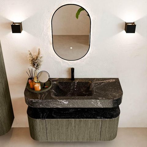 MONDIAZ THOR-DLUX 120cm meuble de salle de bains arrondi gauche + droite couleur Shadow avec 1 tiroir et 2 portes. Vasque suspendue CLOUD Milieu 1 trou de robinet couleur Lava. SW1463151