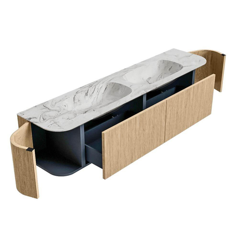 MONDIAZ KURVE-DLUX meuble de salle de bains 190 cm avec module 25 Len R couleur Chêne avec 2 tiroirs et 2 portes. Lavabo STOR SMALL double sans trou de robinetterie couleur Glace. SW1137967