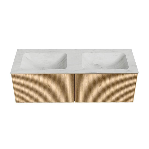 MONDIAZ KURVE-DLUX Meuble de salle de bains 130 cm couleur Oak avec 2 tiroirs. Lavabo LEAF double 2 trous de robinet couleur Opalo. SW1137595