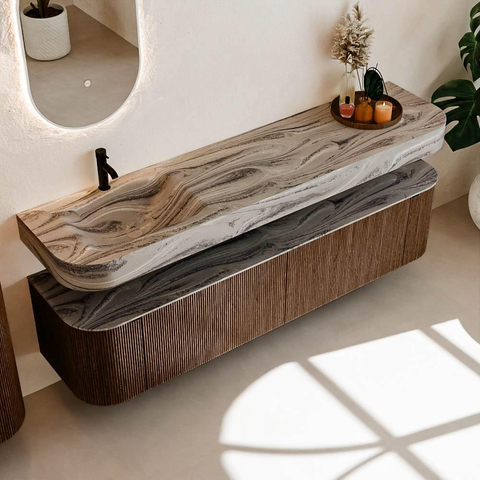 MONDIAZ THOR-DLUX 190cm meuble de salle de bains arrondi gauche + droite couleur Walnut avec 2 tiroirs et 2 portes. Vasque suspendue CLOUD gauche 1 trou de robinet couleur Sombra. SW1466692