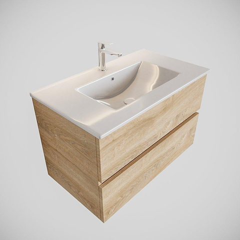 MONDIAZ VICA Ensemble de meuble salle de bain - 80cm - 2 tiroirs - lavabo Denia milieu - 1 trou de robinet - solid surface chêne blanchi SW410025