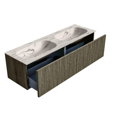 MONDIAZ KURVE-DLUX Meuble de salle de bains 150cm couleur Shadow avec 2 tiroirs et 0 portes. Lavabo STOR SMALL Double 2 trous de robinet Nata. SW1434032
