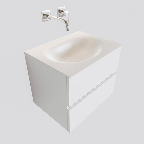ENSEMBLE DE MEUBLE MONDIAZ VICA - 60cm - 2 tiroirs - lavabo Moon central - 0 trous de robinet - solid surface talc SW409765