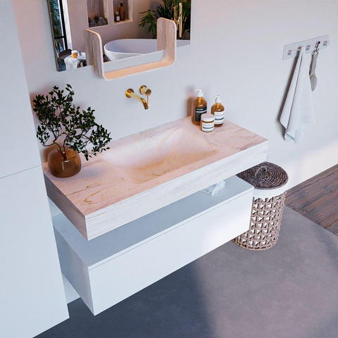 Mondiaz ALAN-DLUX Ensemble de meuble - 100cm - meuble Talc mat - 1 tiroir - Lavabo Cloud Ostra suspendu - vasque Centre - 0 trous de robinet SW806859