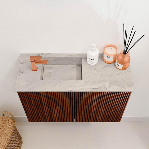 Mondiaz JOYA-DLUX 60cm toiletmeubel - kleur Ruby - Wastafel FAYE positie Links 1 kraangat kleur Glace. SW1423532