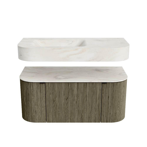 MONDIAZ THOR-DLUX 100cm meuble de salle de bains arrondi gauche + droite couleur Shadow avec 1 tiroir et 2 portes. Vasque suspendue CLOUD Gauche sans trou de robinet couleur Ostra. SW1467526