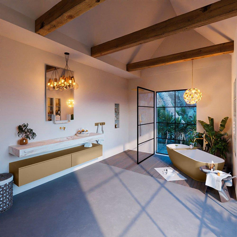 Mondiaz ALAN-DLUX Ensemble de meuble - 200cm - meuble Oro mat - 2 tiroirs - Lavabo Cloud Frappe suspendu - vasque Centre - 0 trous de robinet SW805100