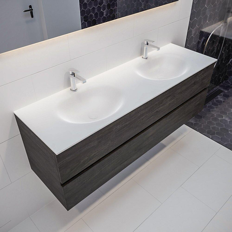 ENSEMBLE DE MEUBLE MONDIAZ VICA - 150 cm - 2 tiroirs - lavabo Moon double - 2 trous de robinet - solid surface marron foncé SW409889
