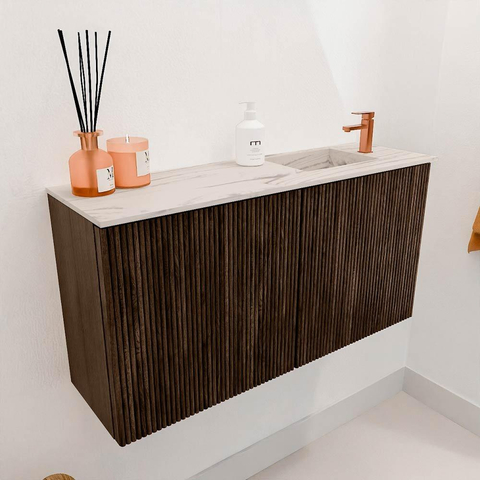 Mondiaz JOYA-DLUX 80cm toiletmeubel - kleur Walnut - Wastafel FAYE positie Rechts 1 kraangat kleur Nata. SW1424499