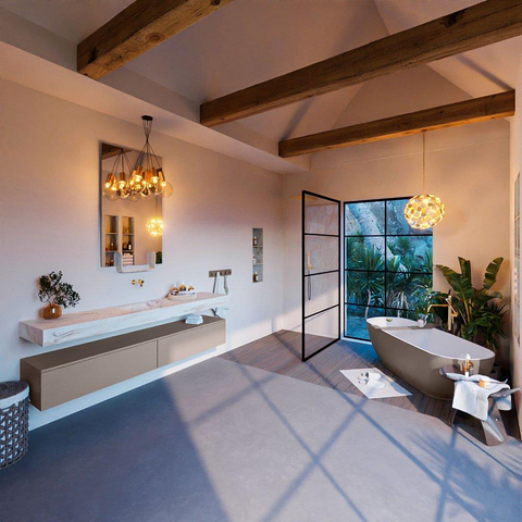 Mondiaz ALAN-DLUX Ensemble de meuble - 200cm - meuble Smoke mat - 2 tiroirs - Lavabo Cloud Frappe suspendu - vasque Centre - 0 trous de robinet SW805107