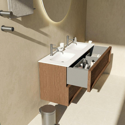 Saniclass Holz Frame Ensemble meuble de salle de bains - 120x45x61.5cm - Flow lavabo en solid surface blanc - 2 vasques - 2 trous de robinet - 2 tiroirs - mat walnut pure (bois) SW1579788