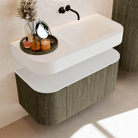 MONDIAZ THOR 100cm meuble de salle de bains arrondi gauche + droite couleur Shadow avec 1 tiroir et 2 portes. Vasque suspendue CLOUD Droite sans trou de robinet couleur Talc. SW1467440