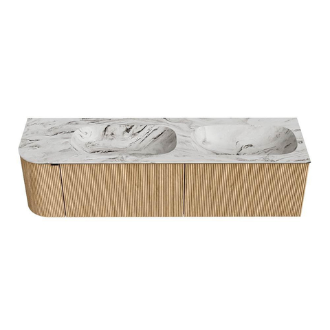 MONDIAZ KURVE-DLUX meuble de salle de bains 165cm avec module 25 L couleur Oak avec 2 tiroirs et 1 porte. Lavabo STOR SMALL double / à droite 2 trous de robinet couleur Glace. SW1137968
