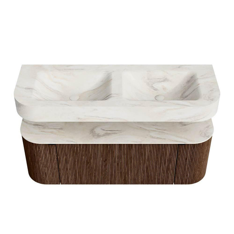 MONDIAZ THOR-DLUX 130cm meuble de salle de bains arrondi gauche + droite couleur Walnut avec 1 tiroir et 2 portes. Vasque suspendue CLOUD Double 2 trous de robinet couleur Ostra. SW1463601